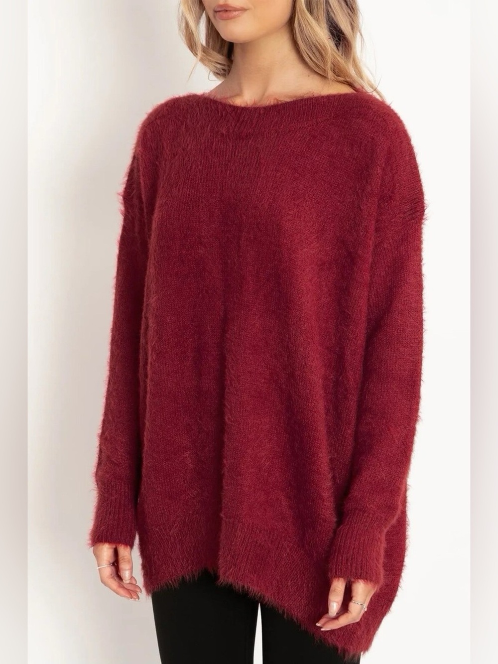 New Amazon Fuzzy Eyelash Deep Red Knit Boatneck Oversized Sweater Size Small